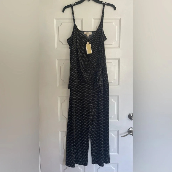 NWT Michael Michael Kors Navy Blue Printed Side Tie wide leg Jumpsuit - Picture 2 of 11